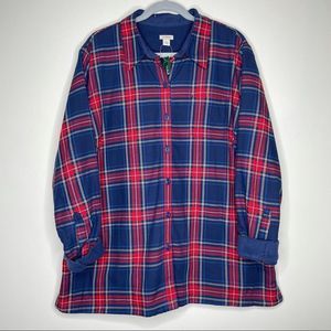 LL Bean Plaid Shacket Cotton Fleece Red Navy Plus Size 1X